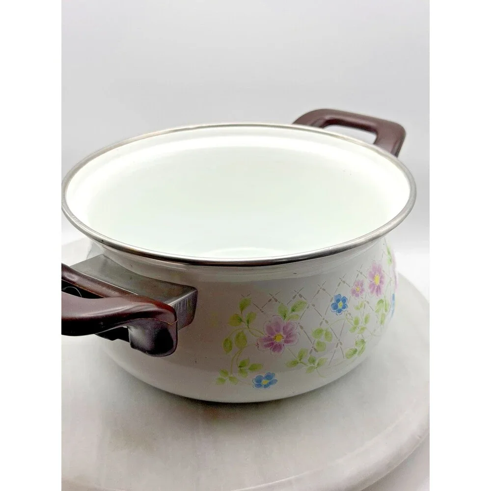 Vintage Sanko Ware Enamel Casserole Saucepan Pink Rose Floral Japan 7.5
